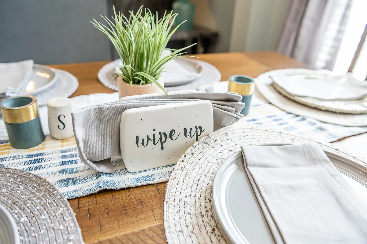 A welcoming dining area with a wooden table, green plant centerpiece, textured placemats, and light-colored dishes. The table is set for a casual meal, evoking a friendly and sociable atmosphere ideal for small groups or friends.